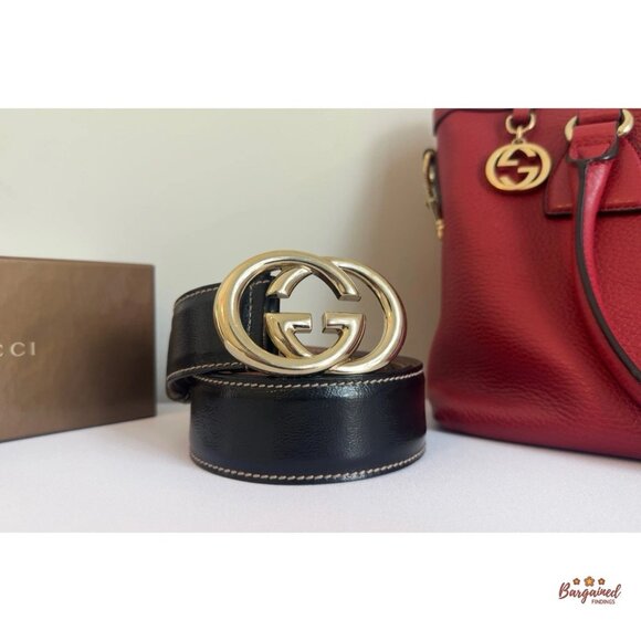 Authentic Gucci Black Leather Gold Double G Buckle Belt 80/32